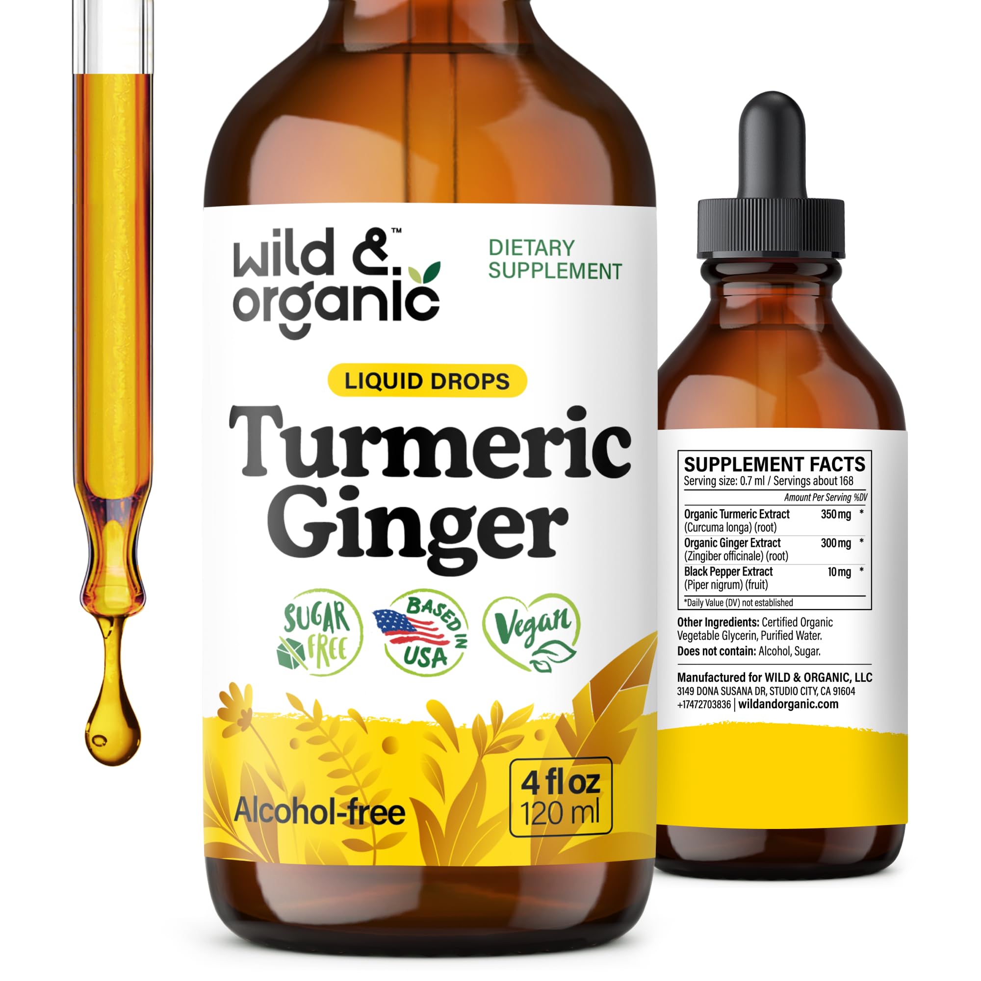 Wild & Organic Turmeric Ginger Drops bottle front showing packaging for daily wellness.