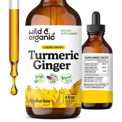 Wild & Organic Turmeric Ginger Drops bottle front showing packaging for daily wellness.