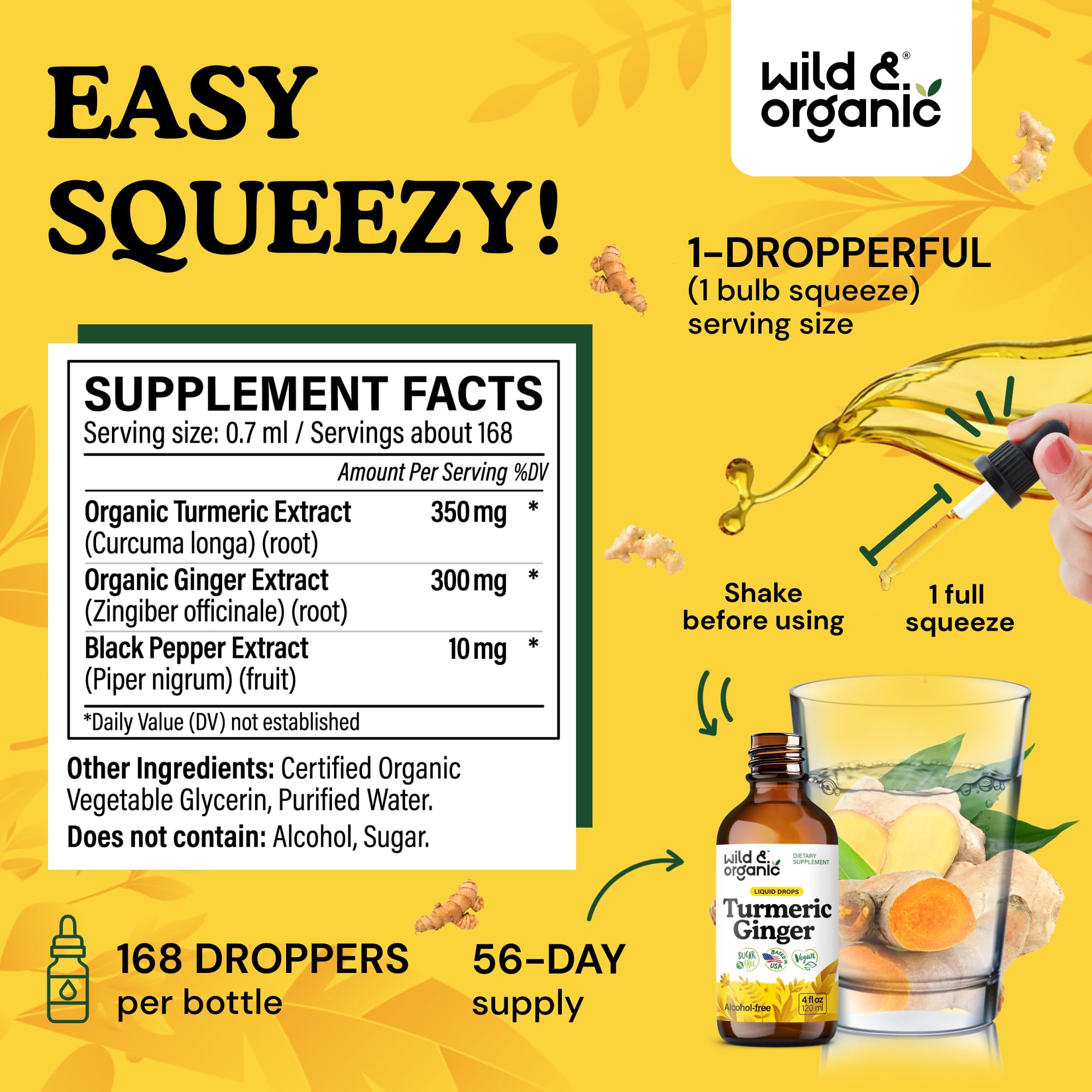 Wild & Organic Turmeric Ginger Drops ingredients panel highlights turmeric, ginger, pepper.