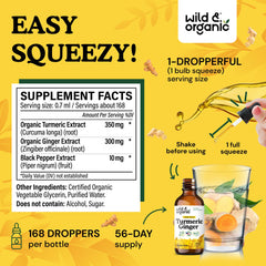 Wild & Organic Turmeric Ginger Drops ingredients panel highlights turmeric, ginger, pepper.