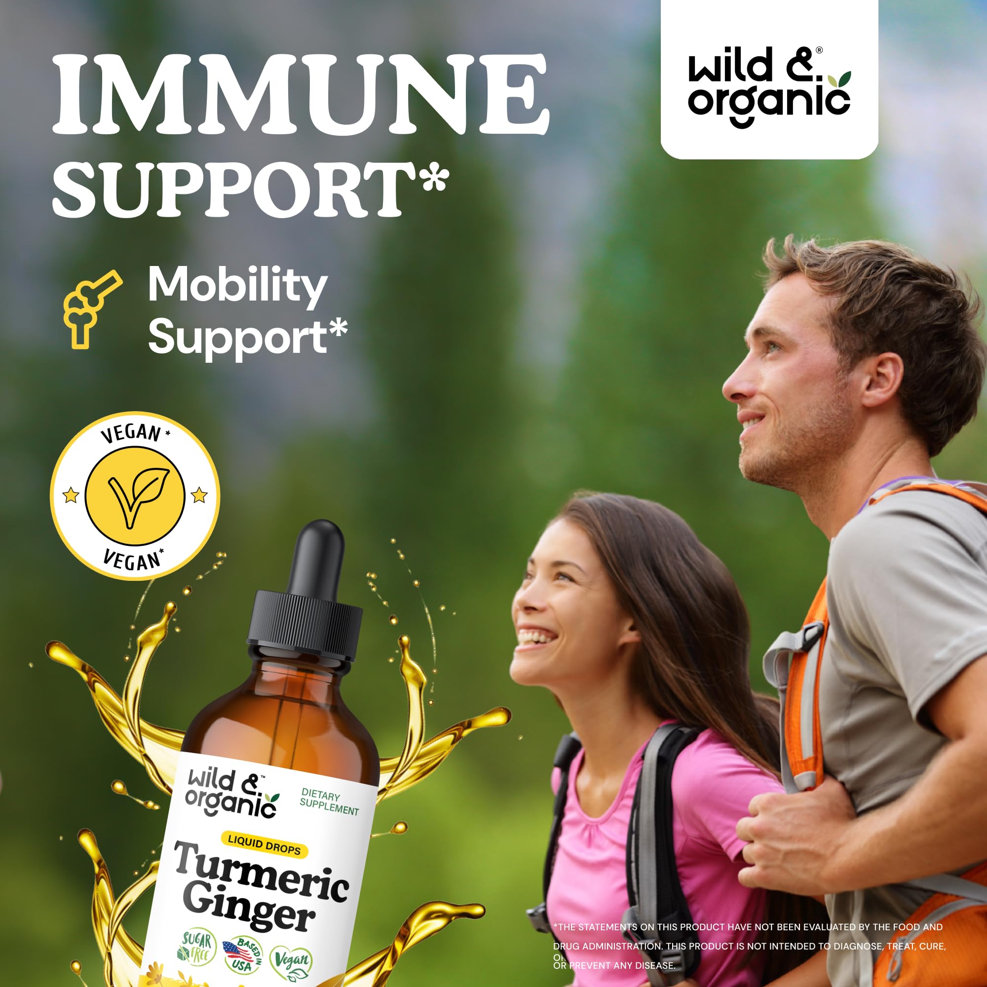 Wild & Organic Turmeric Ginger Drops pour demonstrates easy daily dosing.