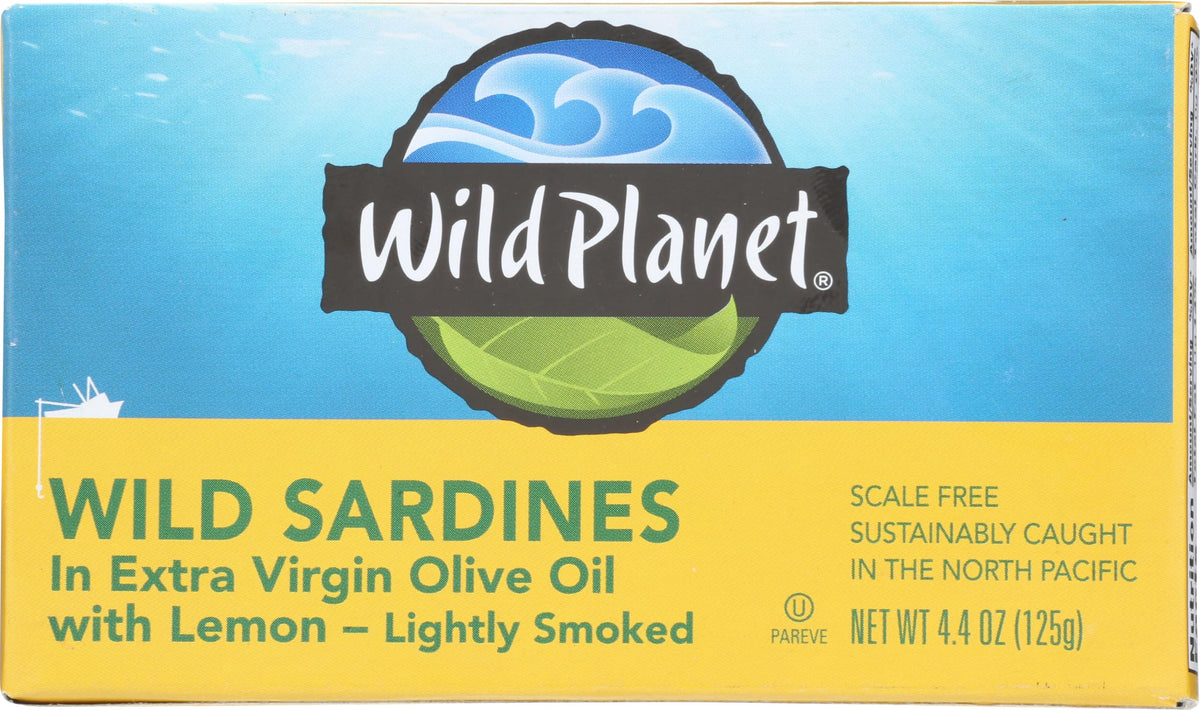 Wild Planet sardines in oil and lemon can, protein-rich snack.