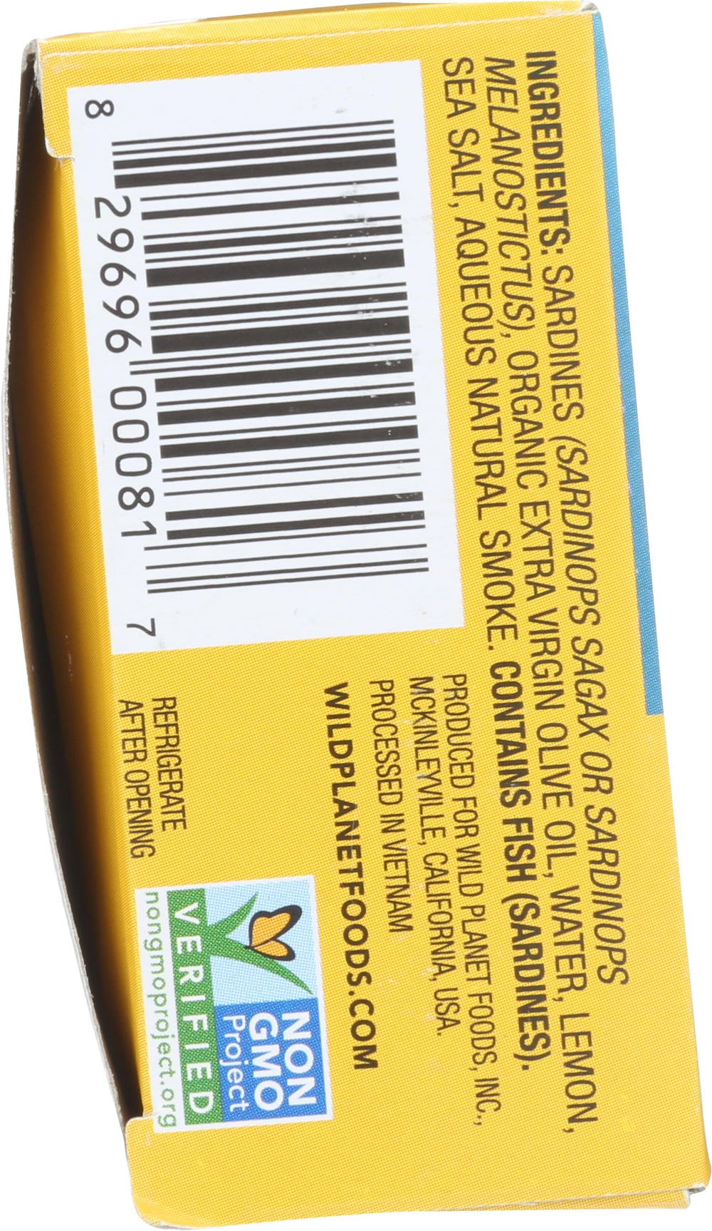 Wild Planet sardines package closeup, sustainable sourcing.
