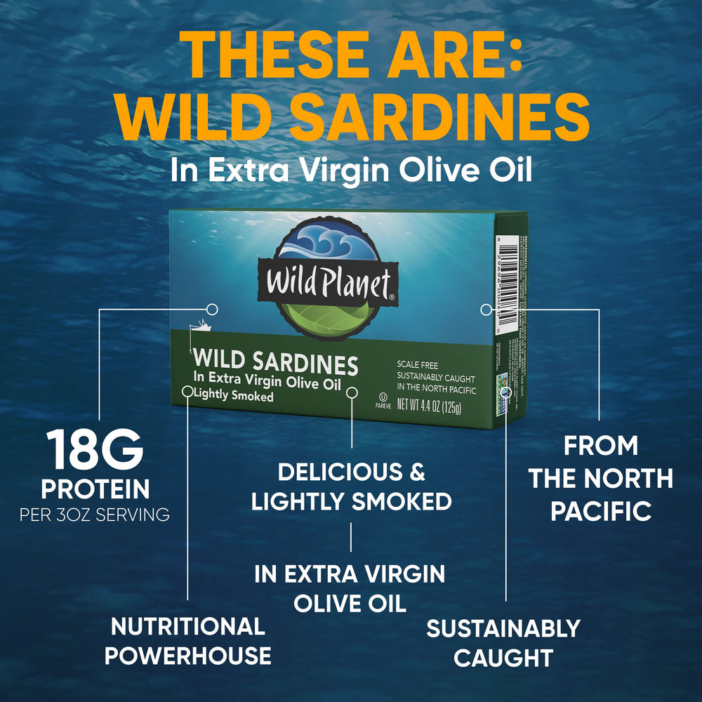 Pull-tab can of Wild Planet sardines, convenient on-the-go protein snack.