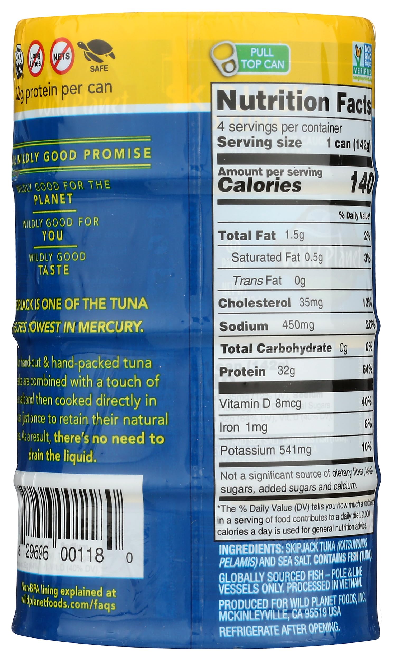 Wild Planet Skipjack Tuna chunks in can, ideal for salads.