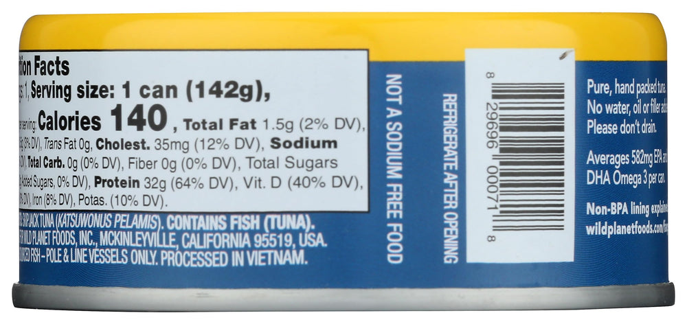 Wild Planet Skipjack Tuna No Salt Added back label highlights simple ingredients.