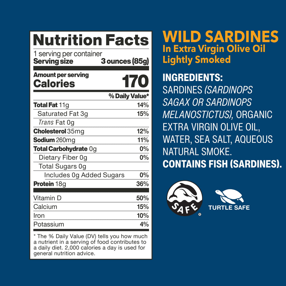 Wild Planet sardines lightly smoked in EVOO, rich aroma and tender texture.