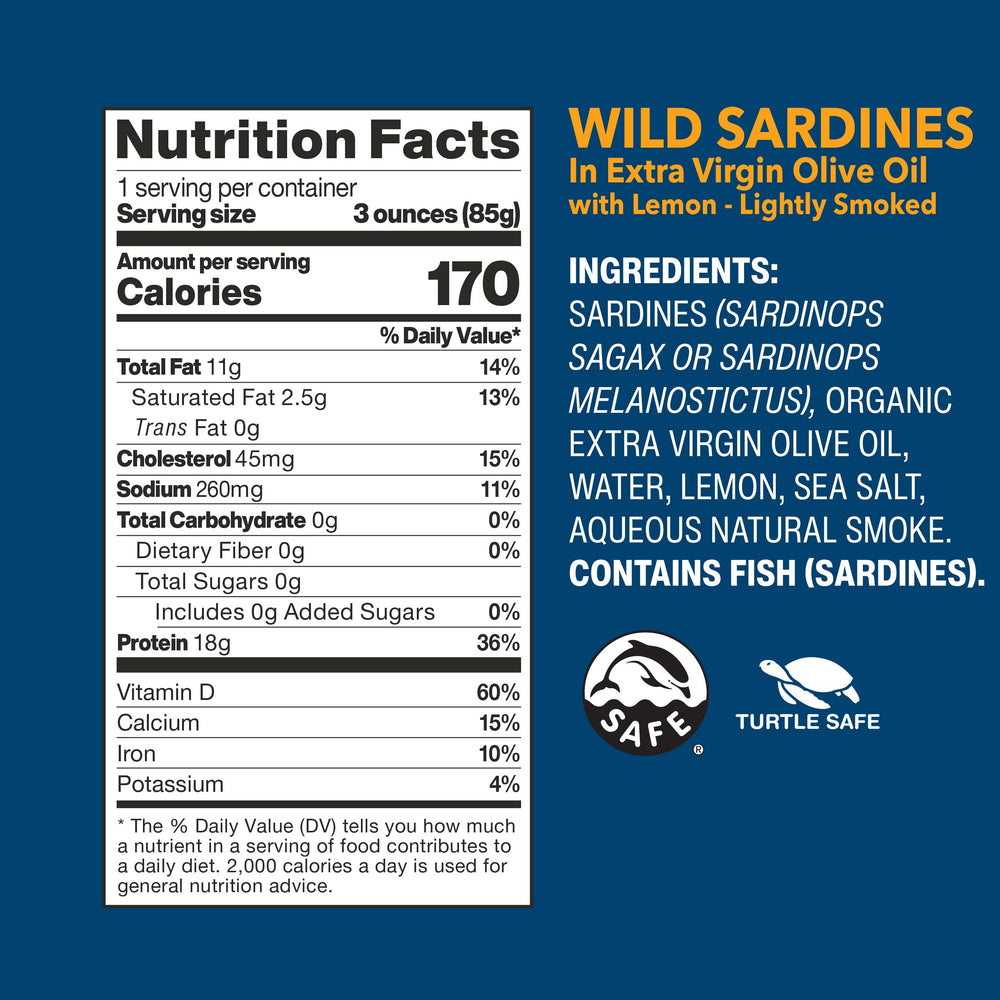 Wild Planet wild sardines lightly smoked, showcasing savory aroma and high protein.