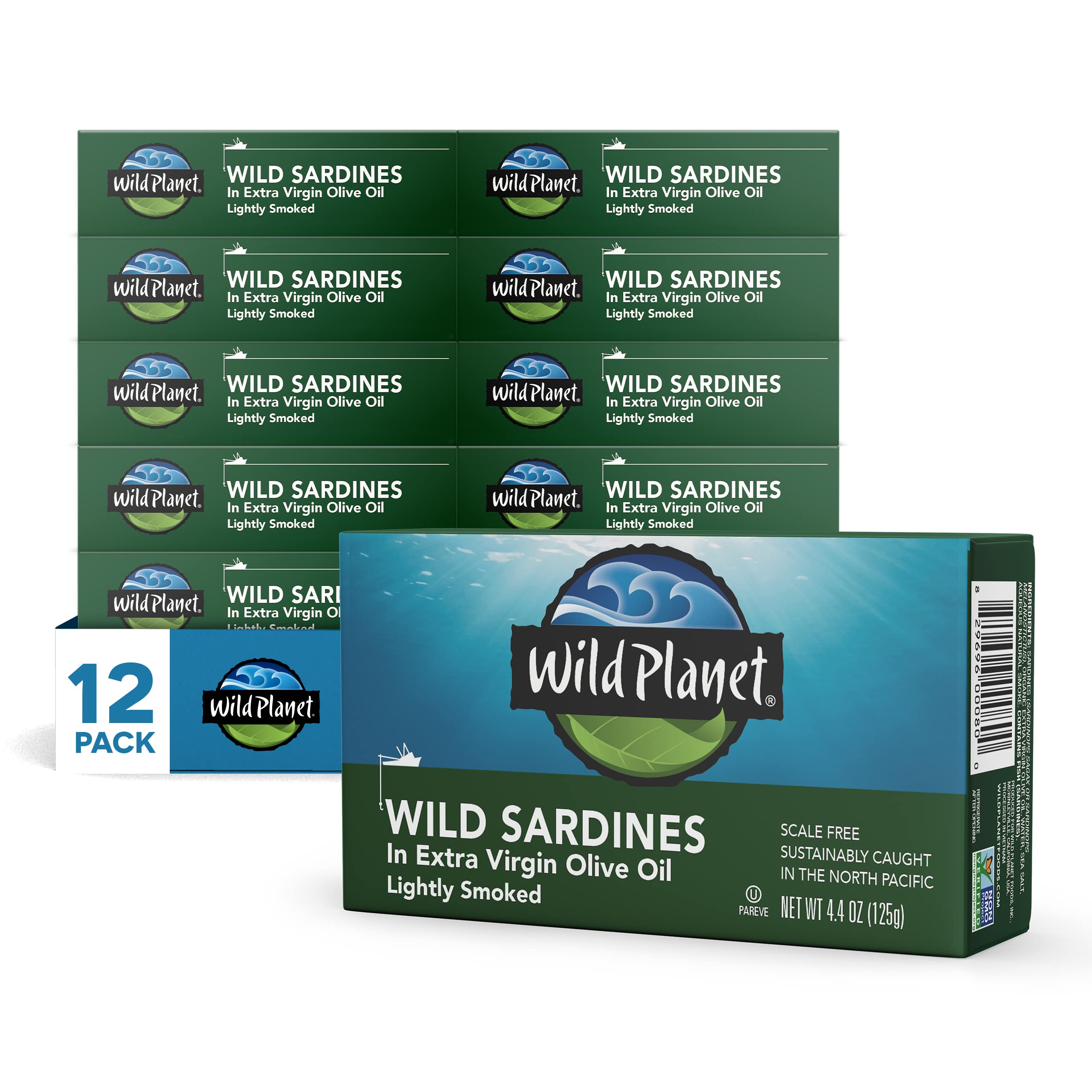 Wild Planet sardines in EVOO with a glossy olive oil sheen, protein-rich snack ready to enjoy.