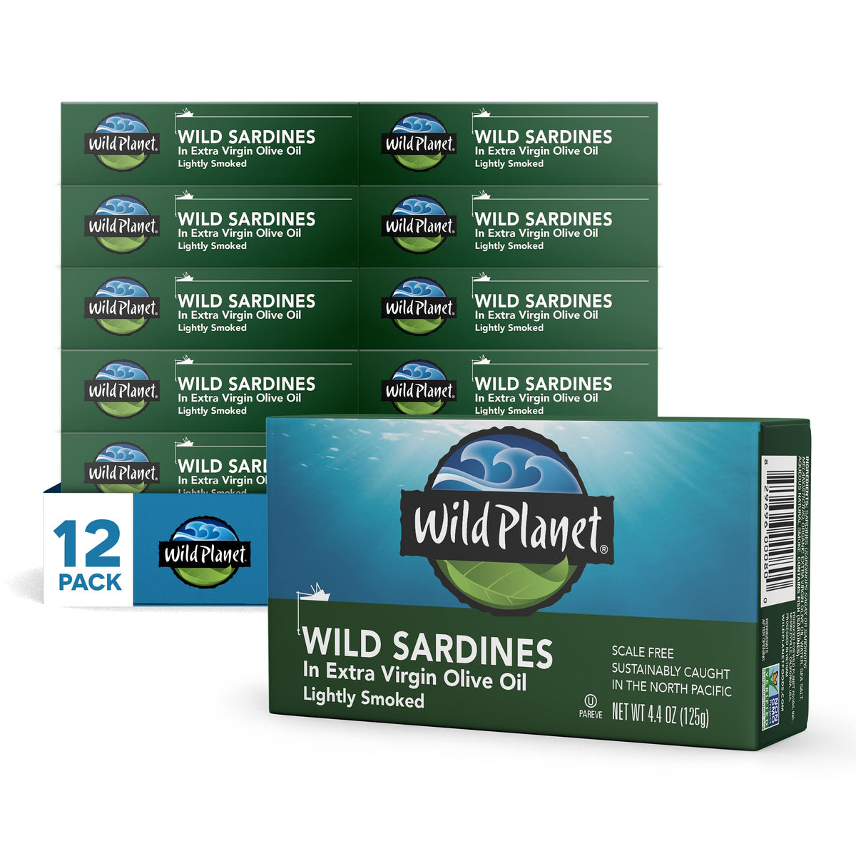 Wild Planet sardines in EVOO with a glossy olive oil sheen, protein-rich snack ready to enjoy.