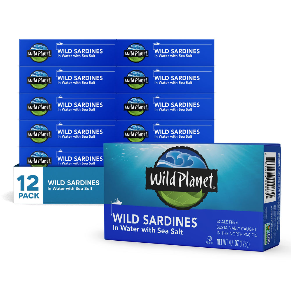 Wild Planet sardines in water with sea salt in a can for a protein-rich bite.