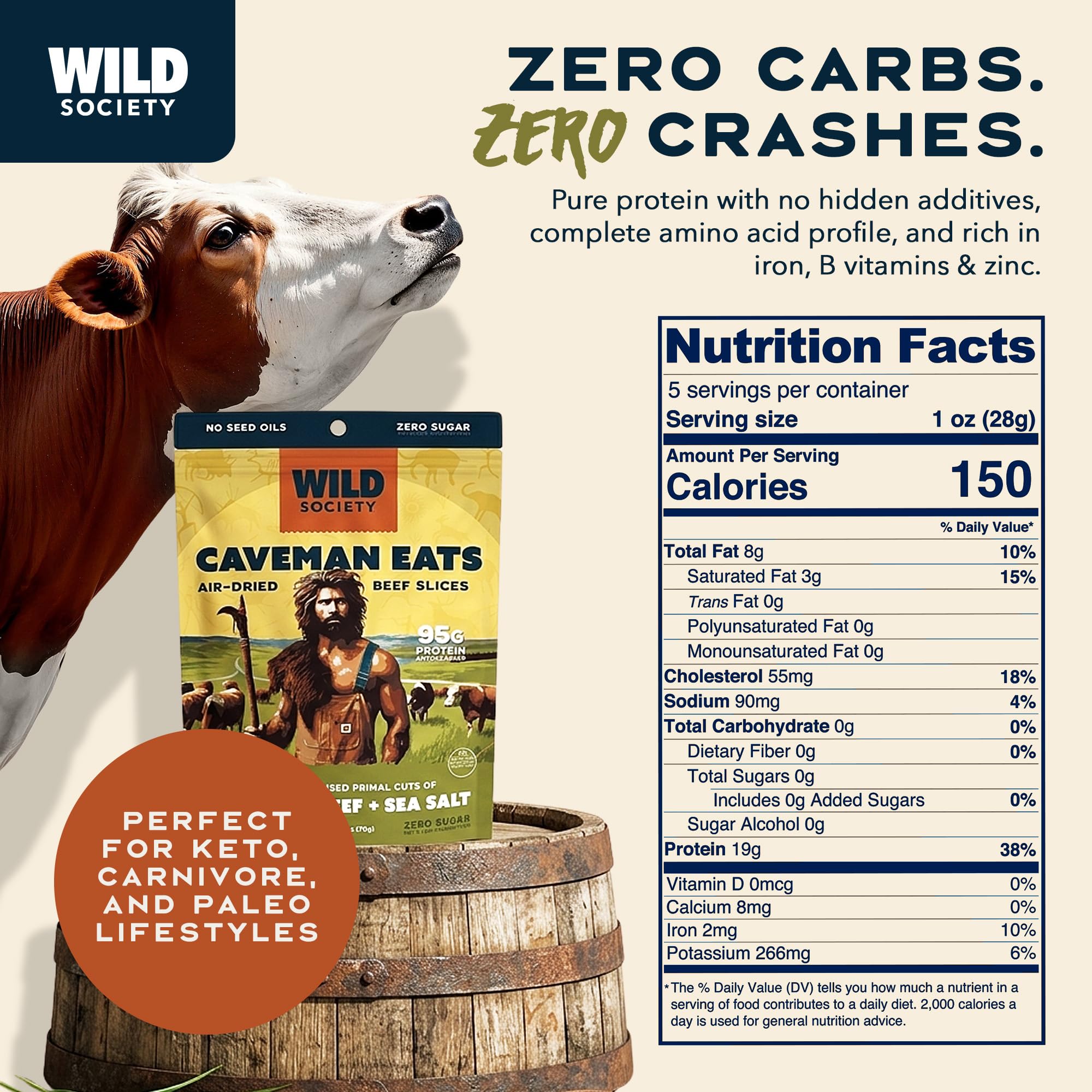 Wild Society Caveman Eats air-dried crisps closeup — crispy texture and clean ingredients for keto