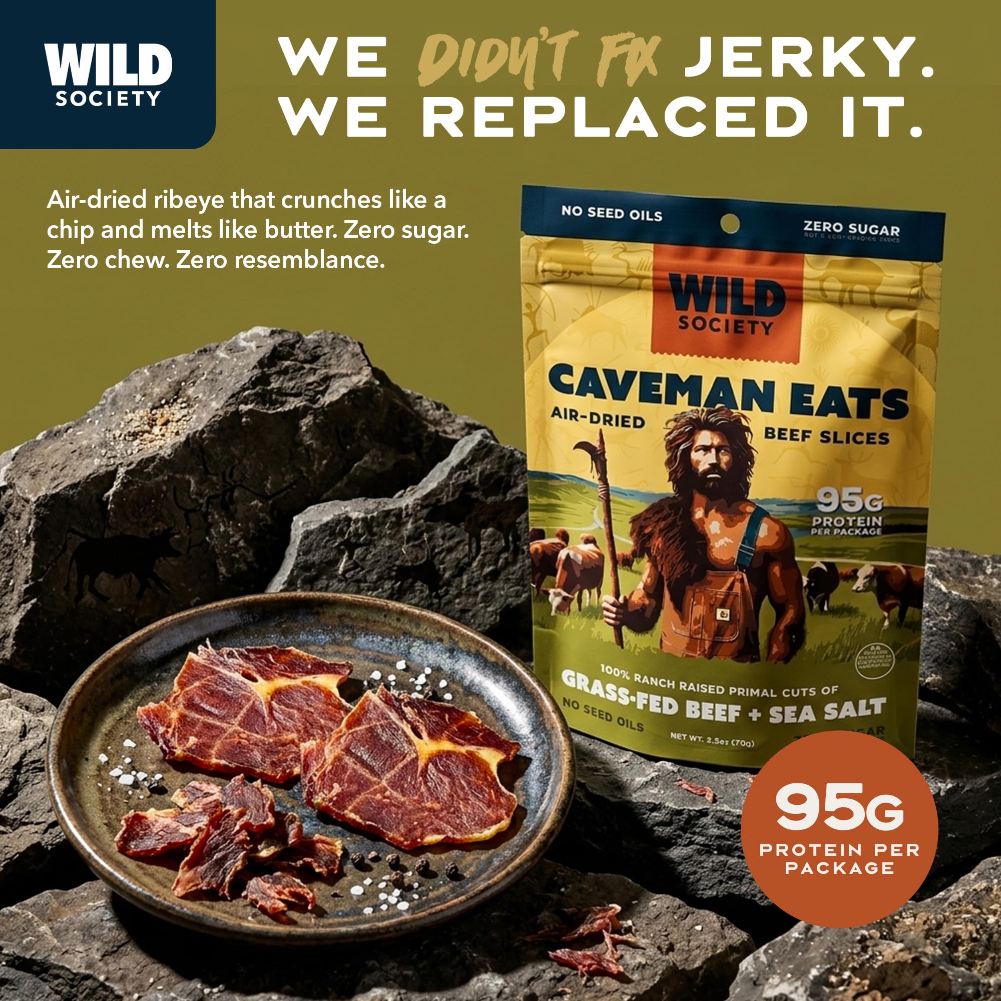 Wild Society Caveman Eats grass-fed beef slices — high protein snack for active days