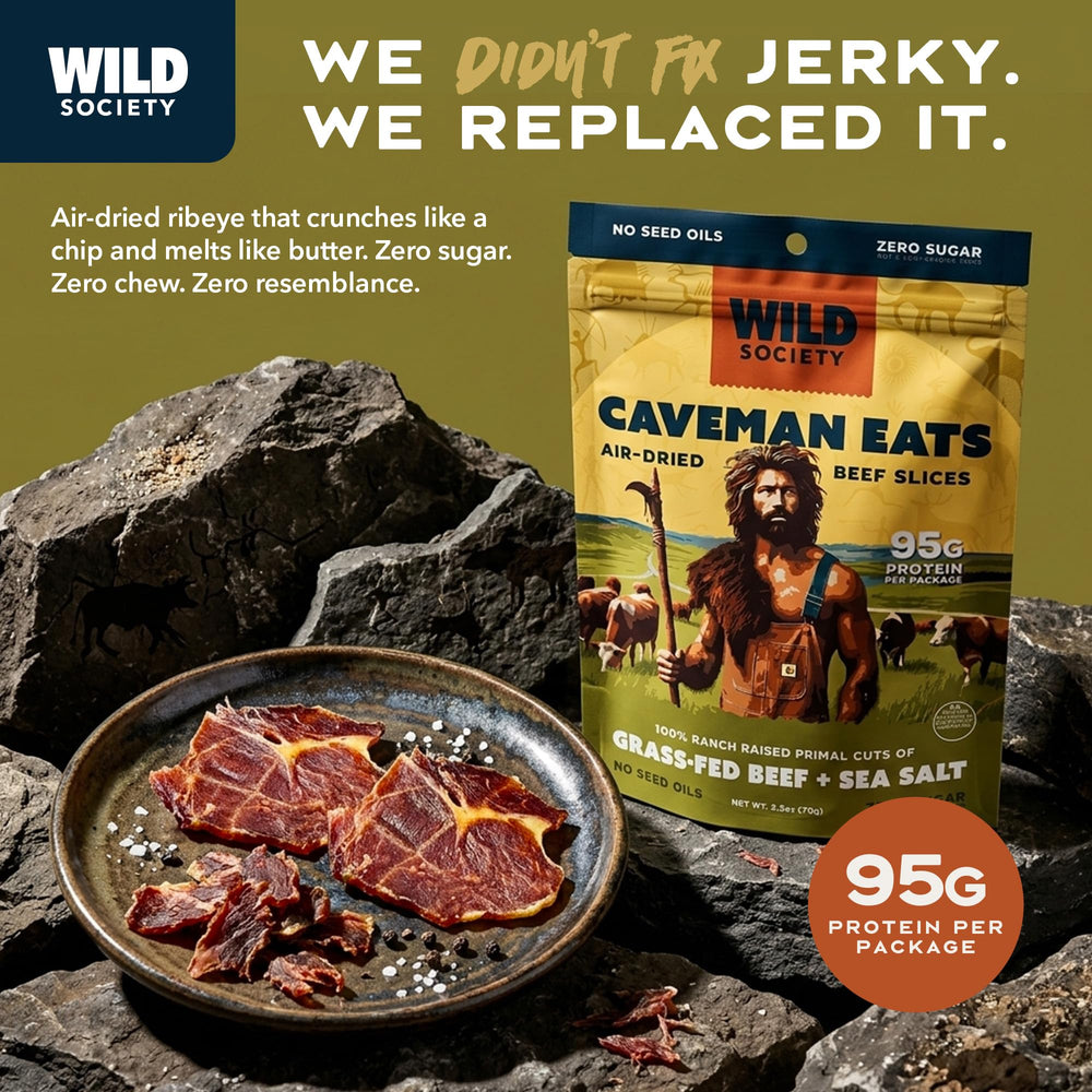 Wild Society Caveman Eats grass-fed beef slices — high protein snack for active days
