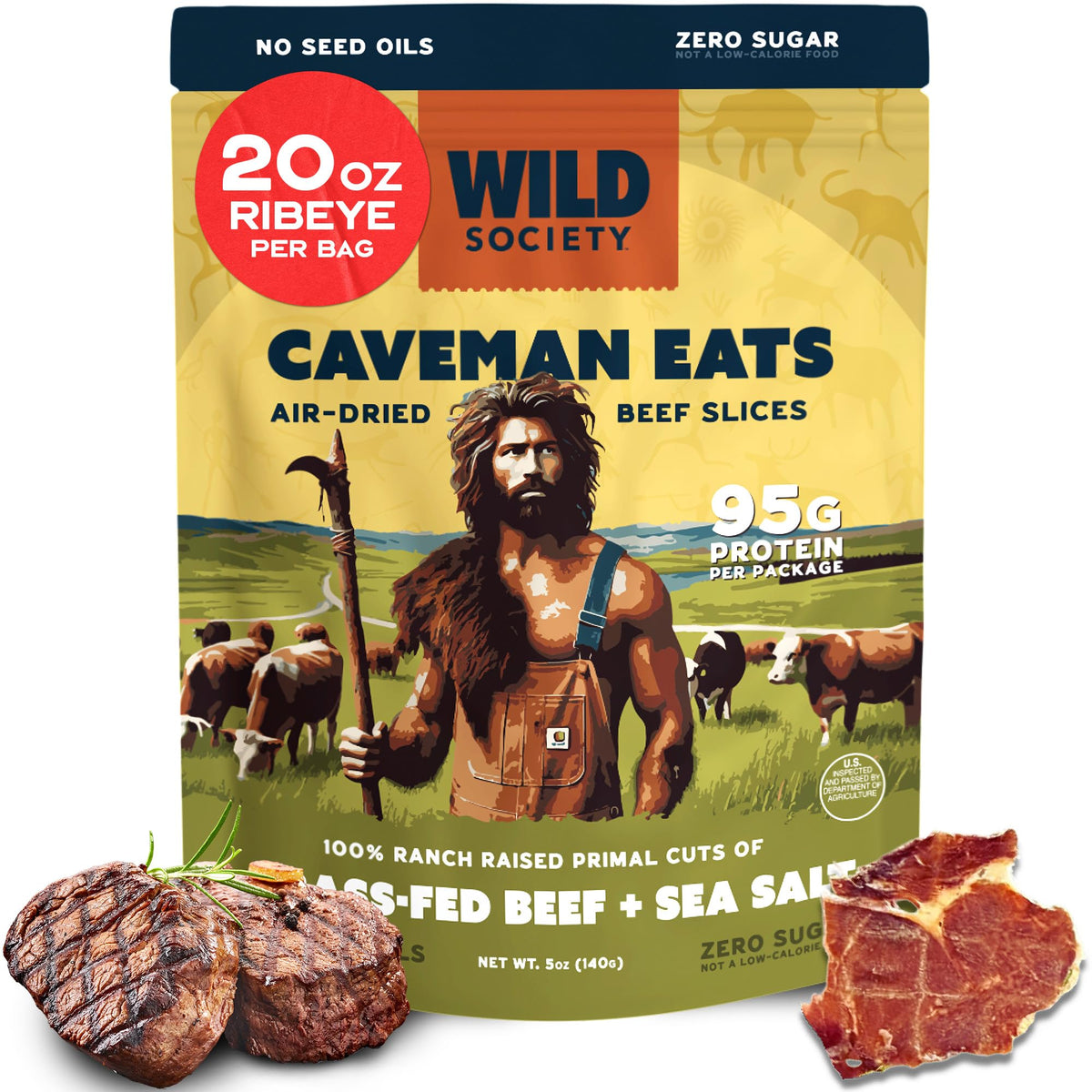 Wild Society Caveman Eats ribeye slices pack — protein-rich on-the-go snack