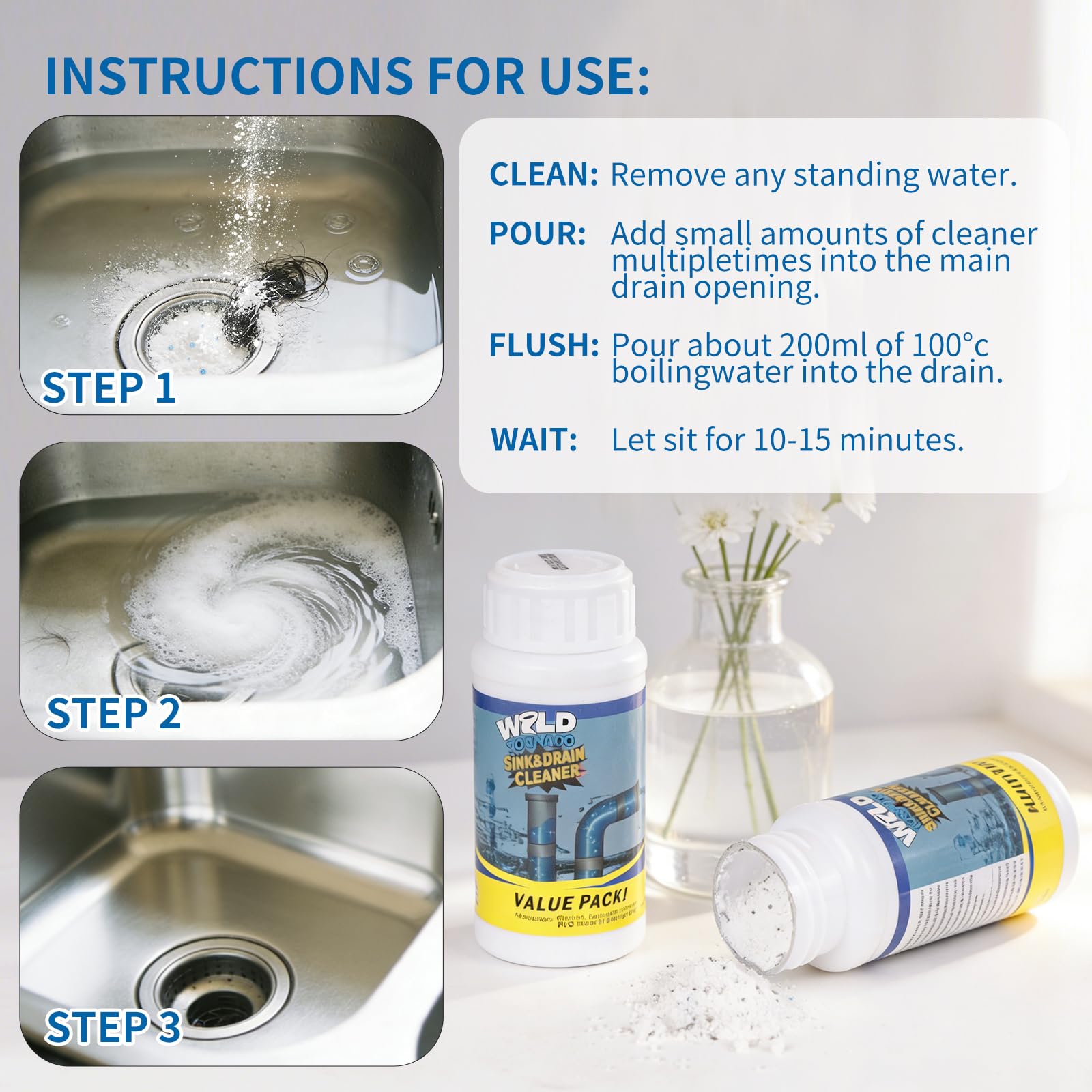QIUMICO Wild Tornado bathroom drain close-up showing buildup removal