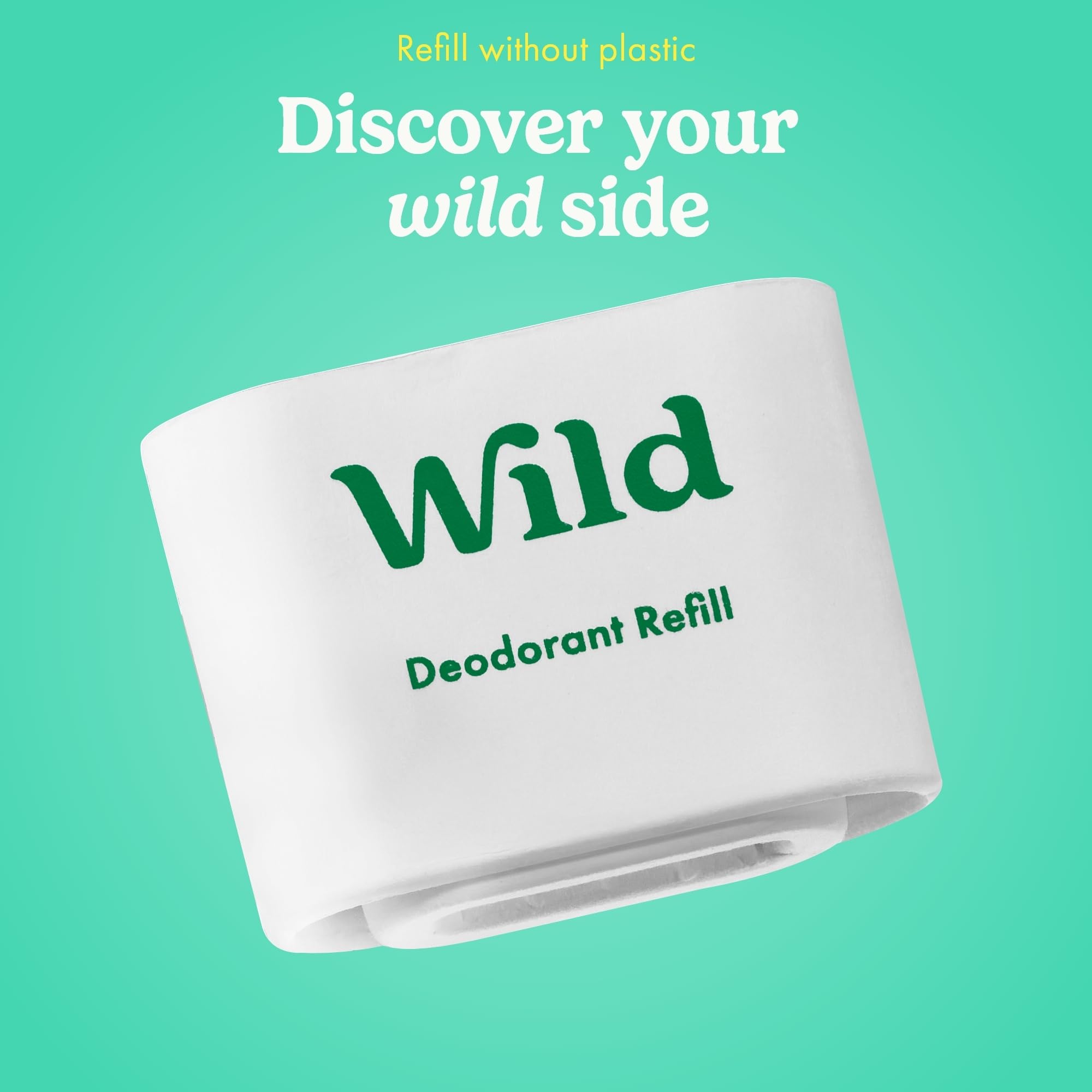 Wild zero plastic deodorant refill initiative for sustainable bathroom routine.