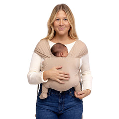 WildBird Aerial Buckle Wrap Desert Lark in front carry mode for easy newborn bonding