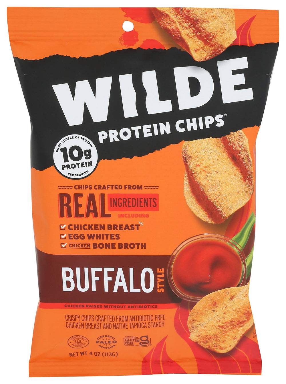 WILDE Brands Buffalo Protein Chips packaging highlights a high-protein, flavorful snack option.