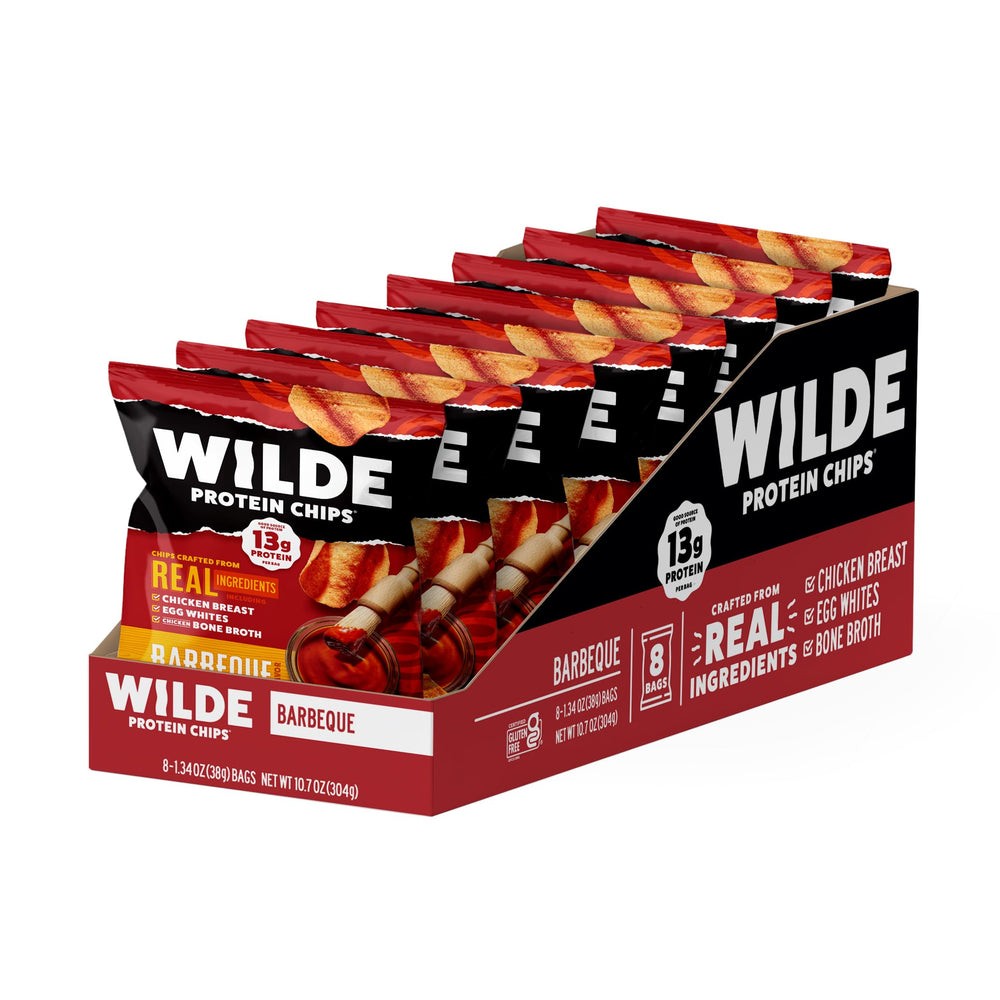 WILDE Chips Barbeque packaging shows eight-pack convenience for busy days.