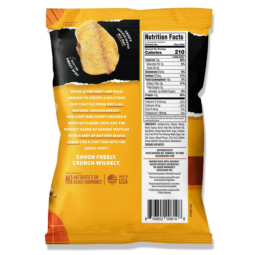 WILDE Chips Chicken Waffles bag closeup, showing crisp texture and real ingredients