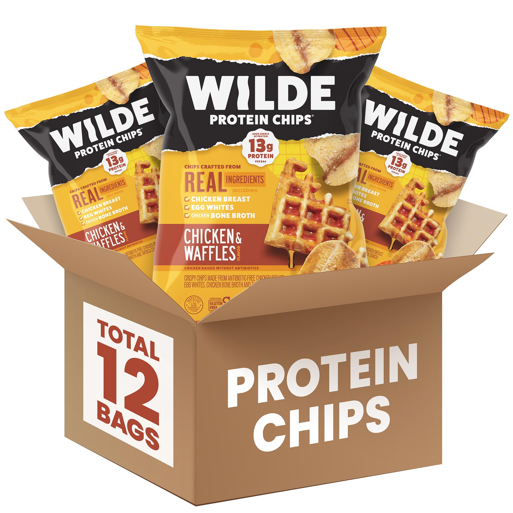 WILDE Chips Chicken Waffles 12-pack, a high-protein keto snack for adults