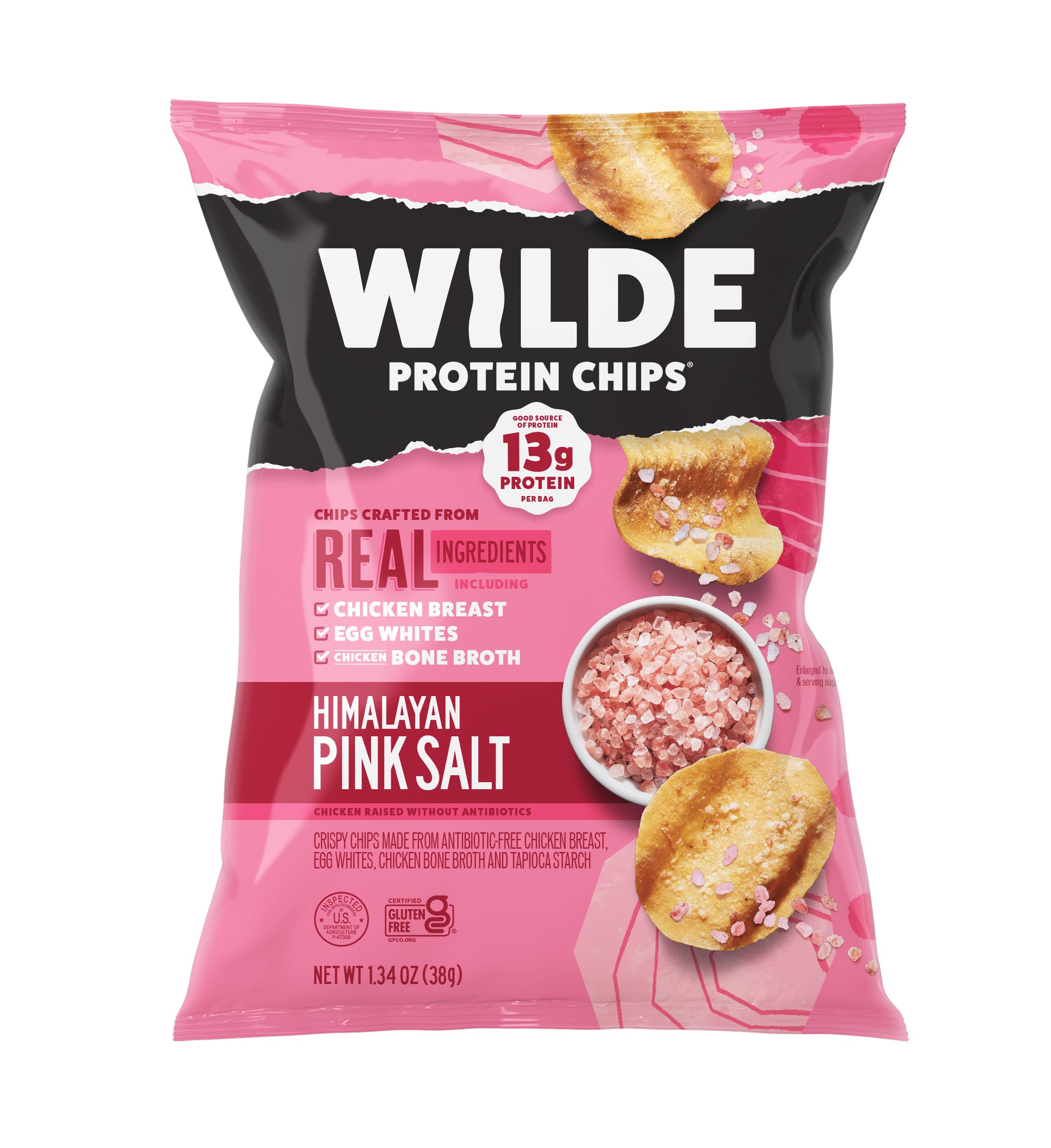 Wilde Chips Himalayan Pink Salt bag shows crisp, savory crunch for protein snacks.