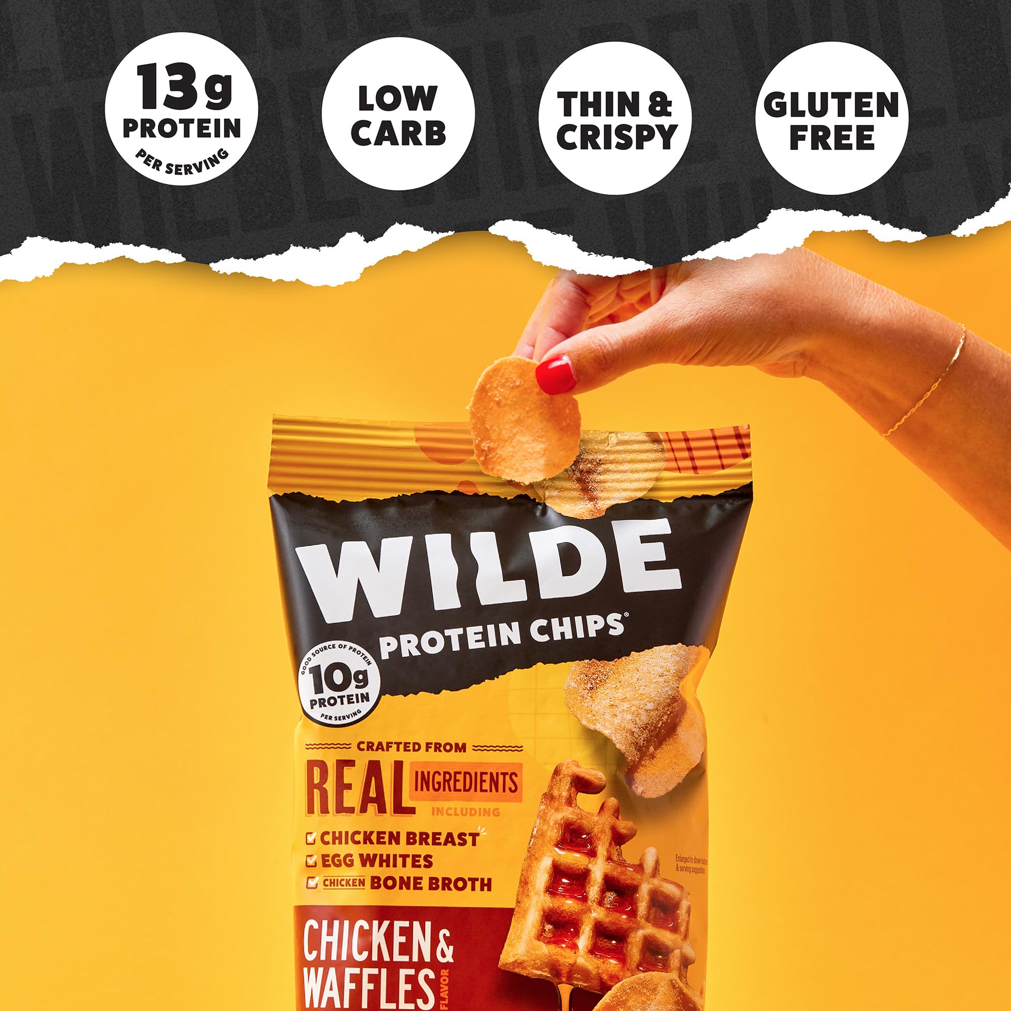 WILDE Chips ingredients label highlights natural chicken breast and bone broth.