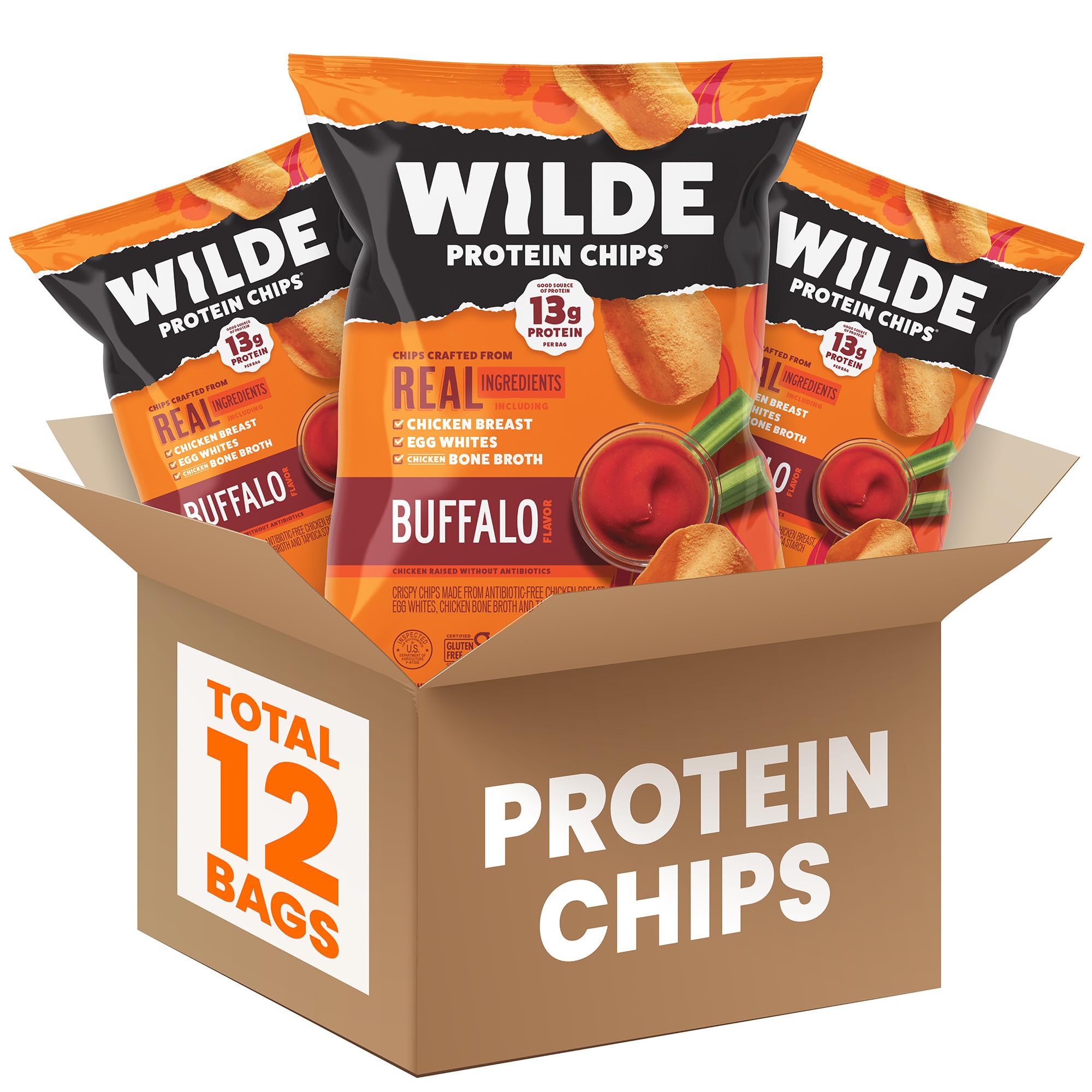 Wilde Chips protein buffalo style packaging highlights keto-friendly, high-protein snack