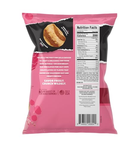 Wilde Chips thin-crisp bite close-up highlighting protein-rich texture.