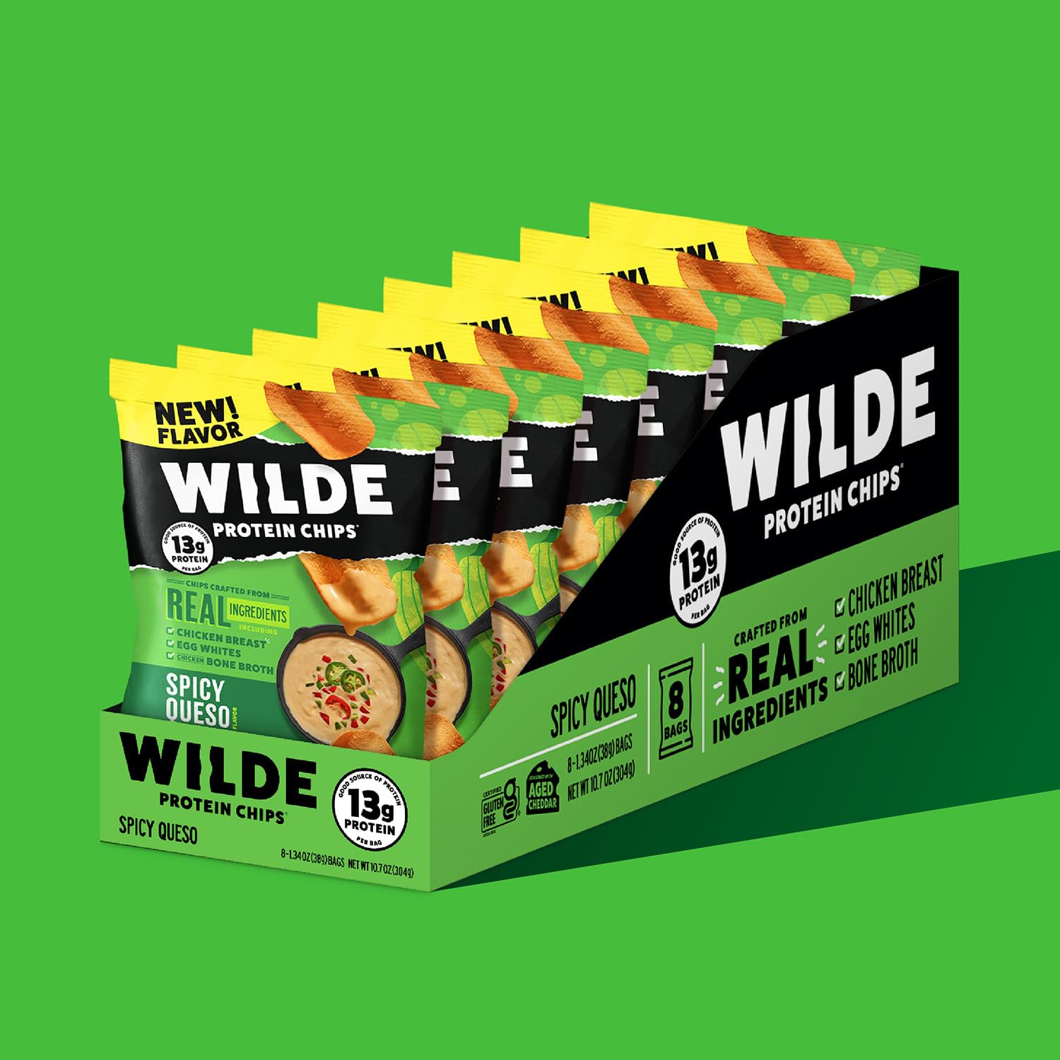 WILDE Spicy Queso Bag Closeup with allergen-free labeling.