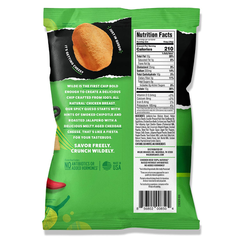 WILDE Spicy Queso Crisps showing thin, crispy texture and bold flavor.