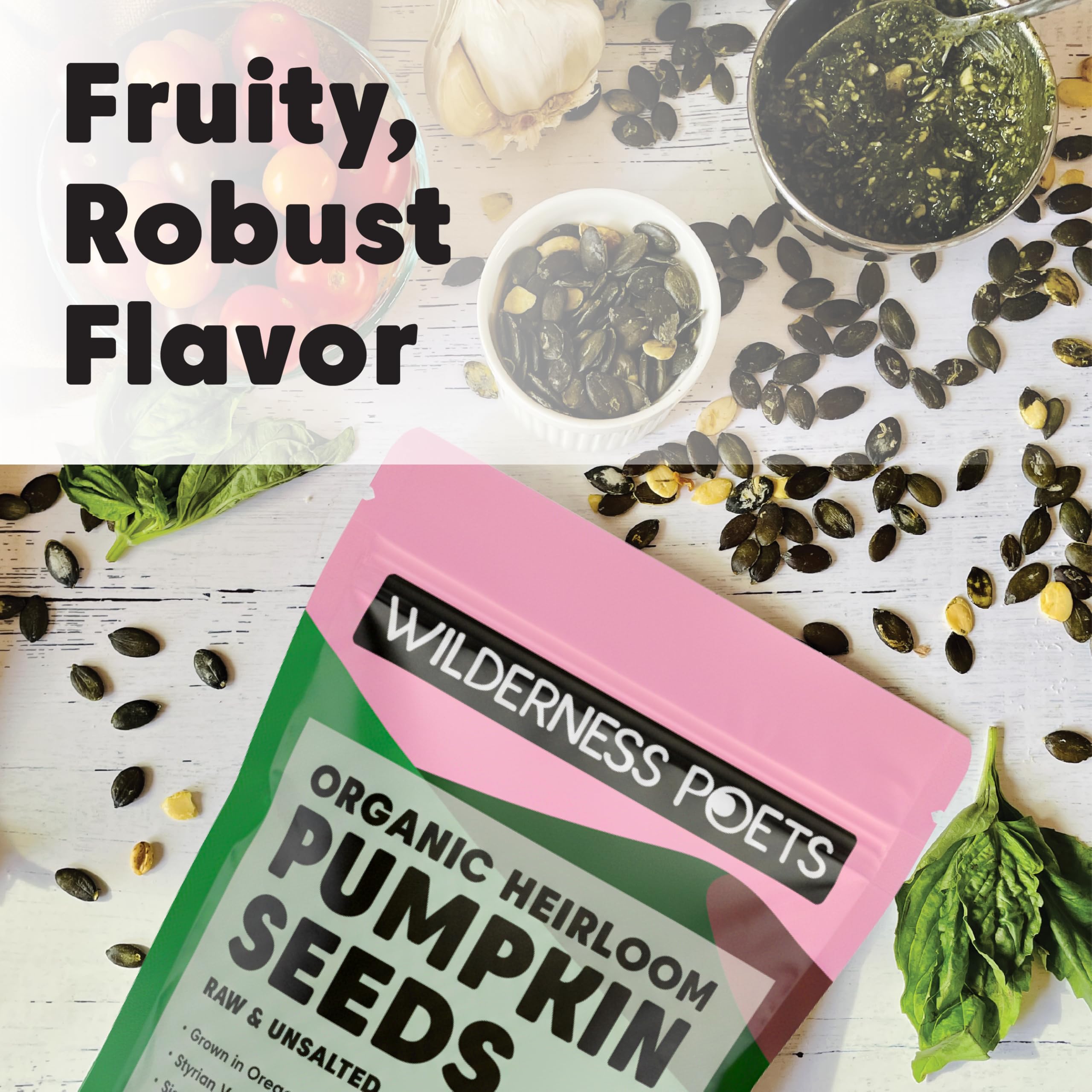 Wilderness Poets dark-green hulless seeds tossed in a snack bowl.