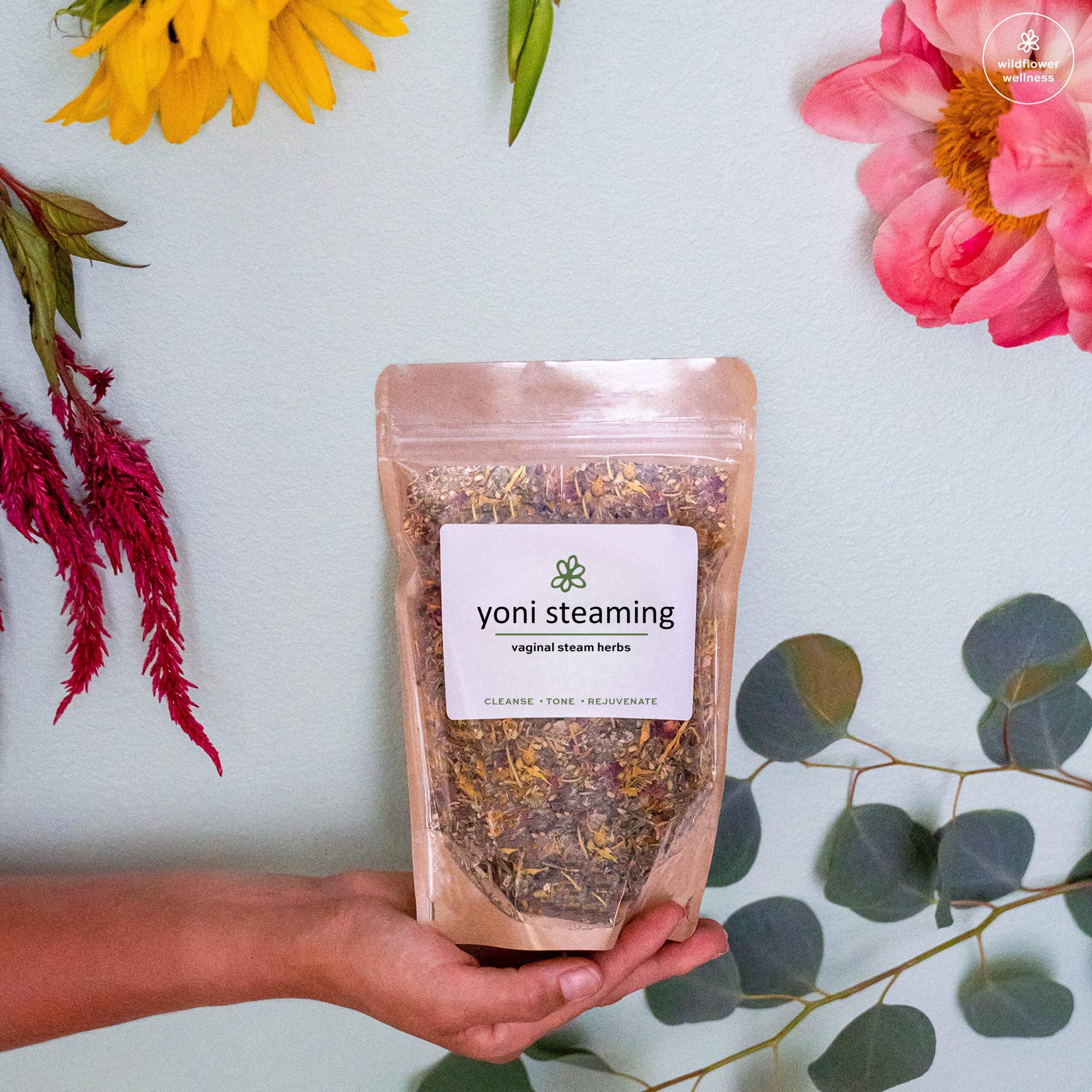 Wildflower Wellness herb blend label highlighting fragrance-free, gentle formulation.