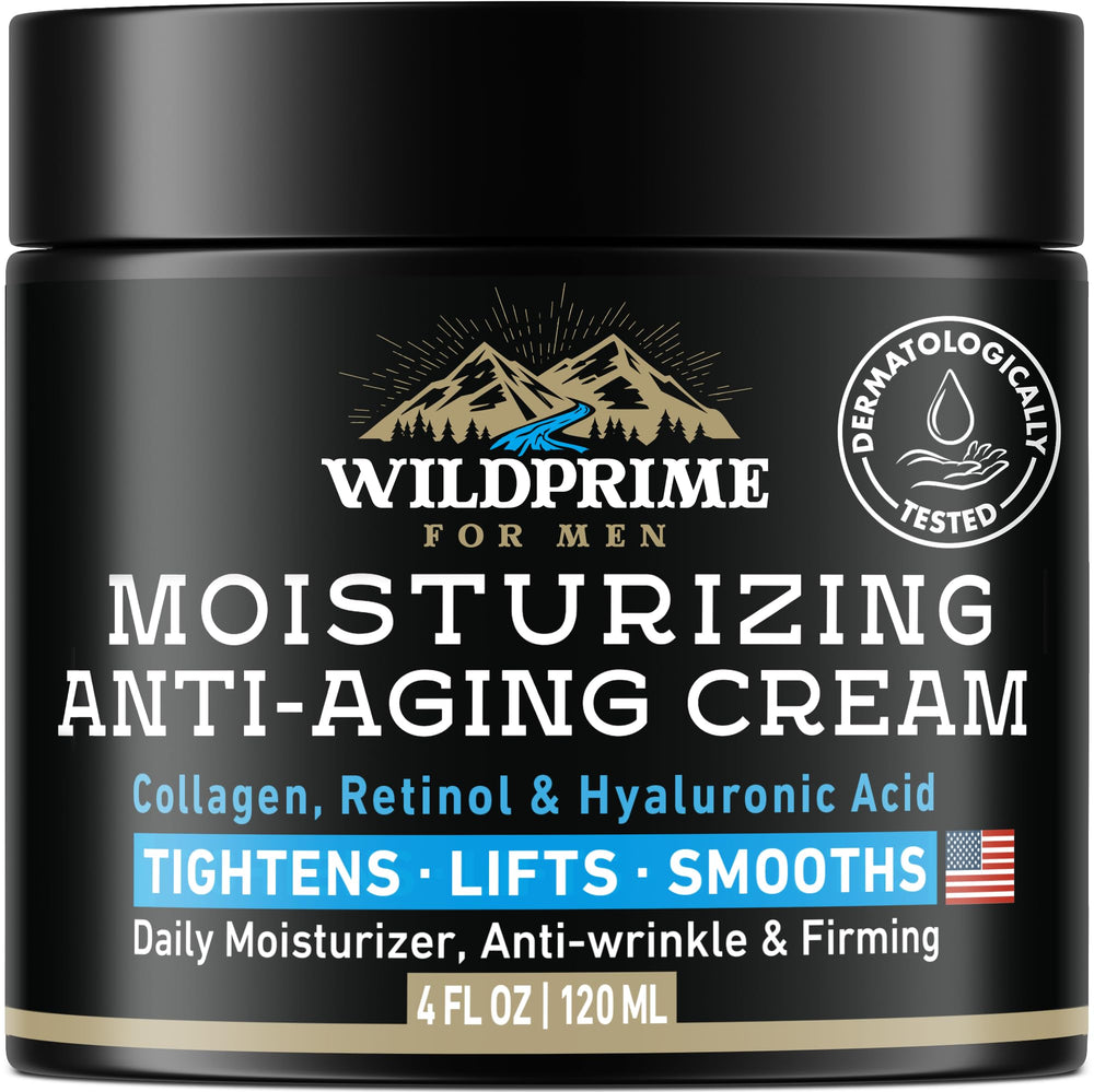 WildPRIME men's face moisturizer cream jar showcases rich texture for daily hydration.