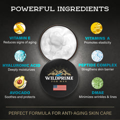 WildPRIME us-made facial cream packaging emphasizes American production standards.