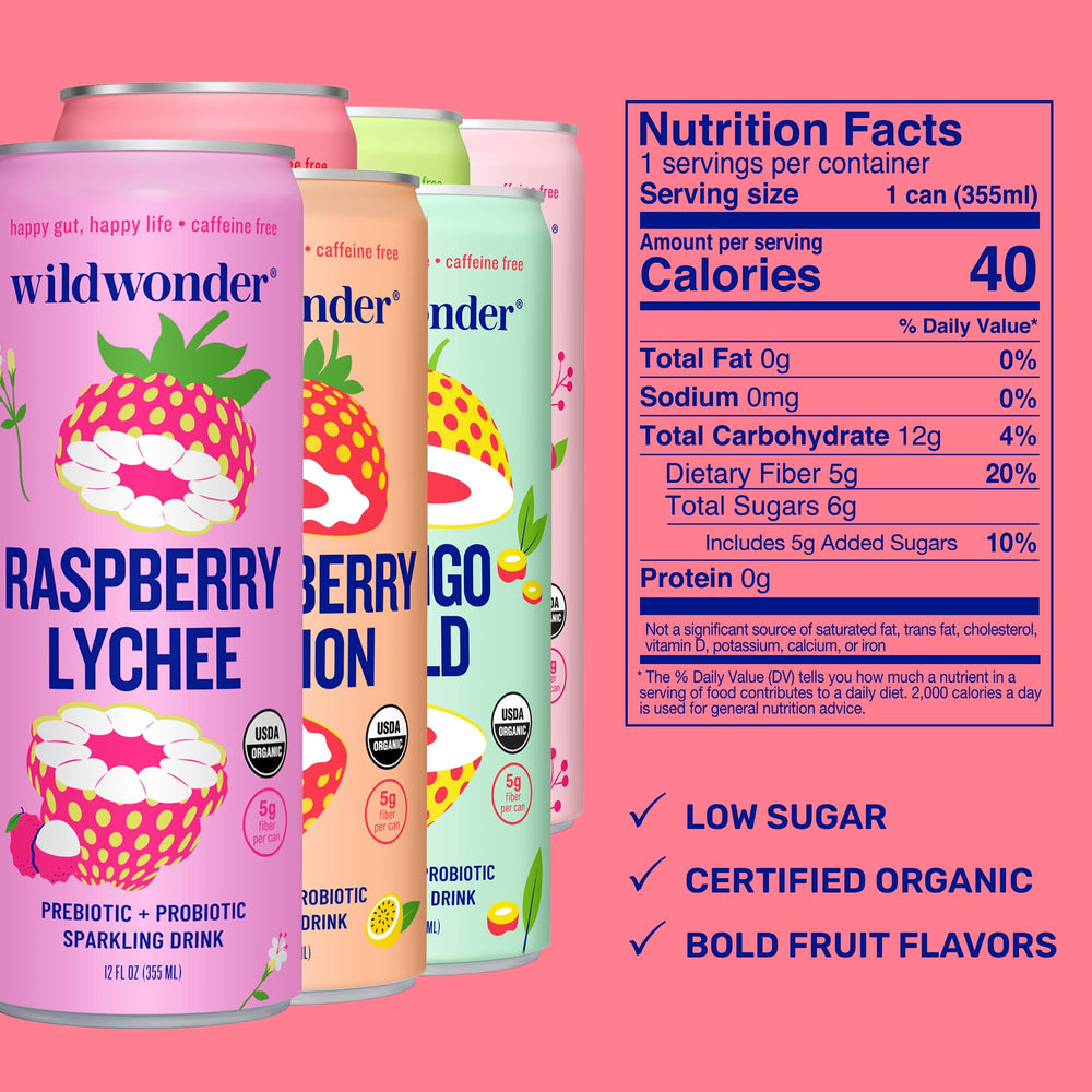 Wildwonder Peach Ginger can highlighting 5 g prebiotic fiber for gut health