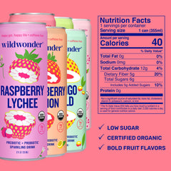 Wildwonder Peach Ginger can highlighting 5 g prebiotic fiber for gut health