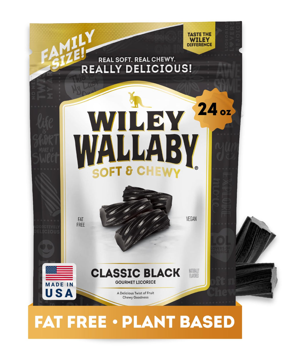 Wiley Wallaby licorice 24oz bag closeup; premium Australian black licorice for indulgent snacking.