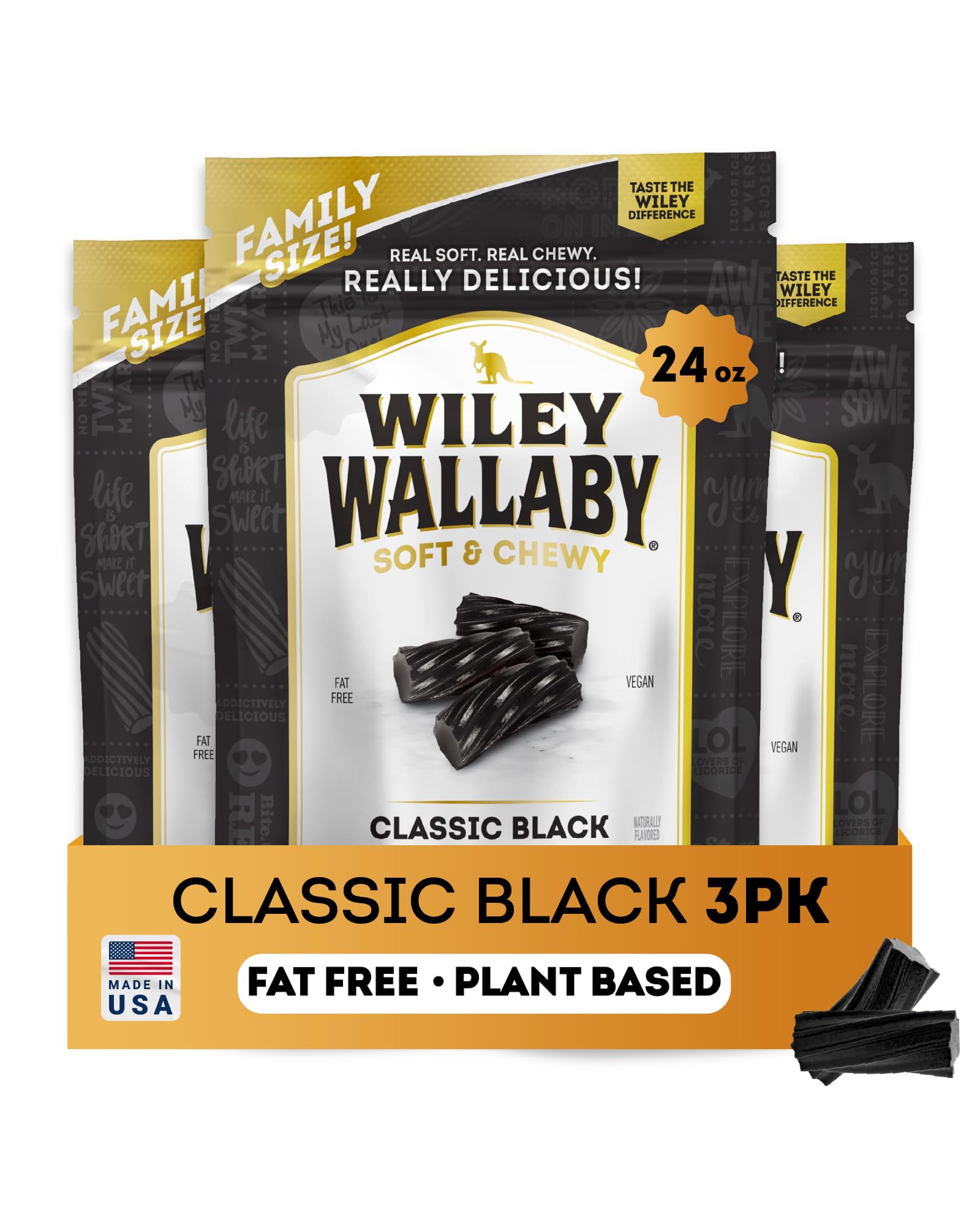 Wiley Wallaby licorice 24oz classic bag showcases soft, chewy texture for a satisfying snack.