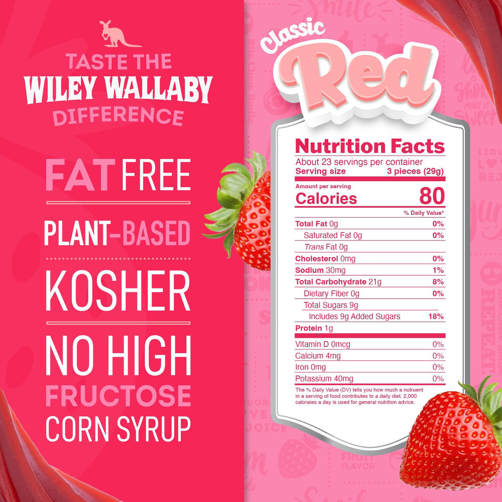 Wiley Wallaby licorice bag back shows ingredients and packaging details.