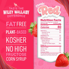 Wiley Wallaby licorice bag back shows ingredients and packaging details.
