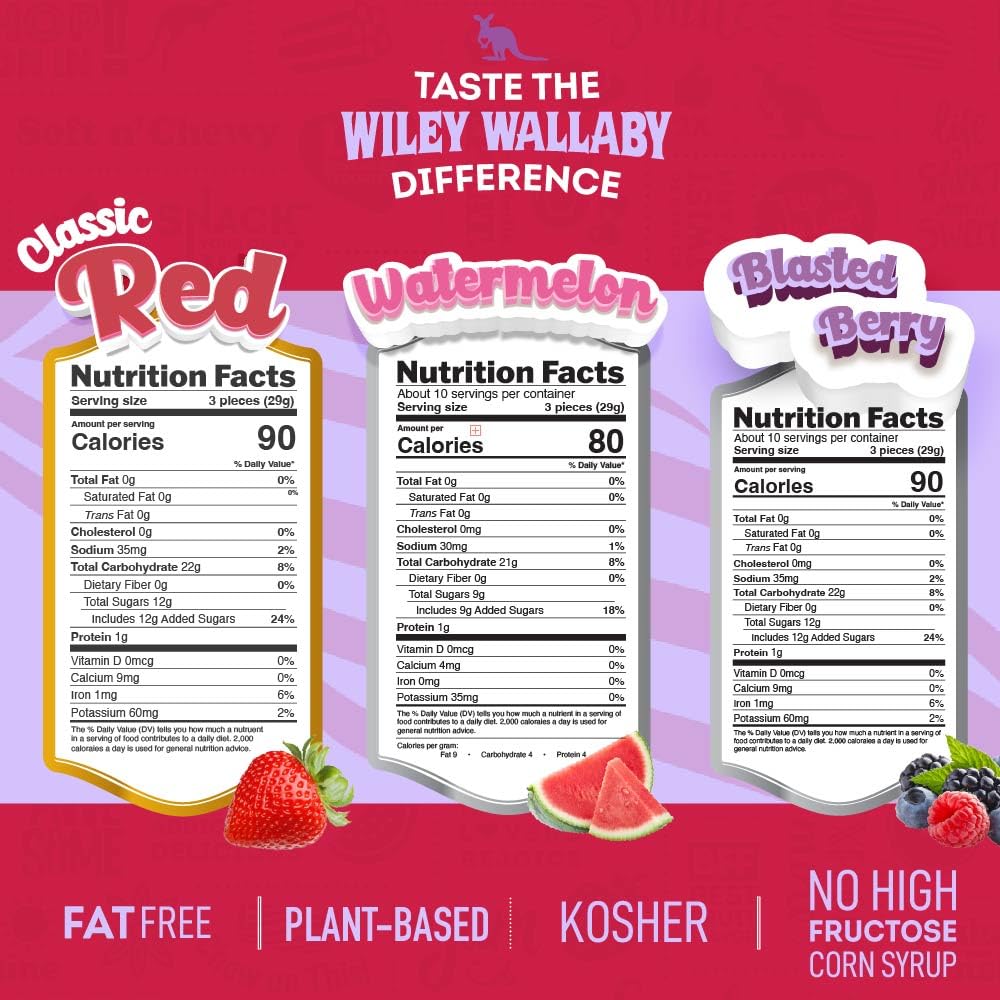 Assorted Wiley Wallaby licorice flavors in chunky, soft bites for variety.