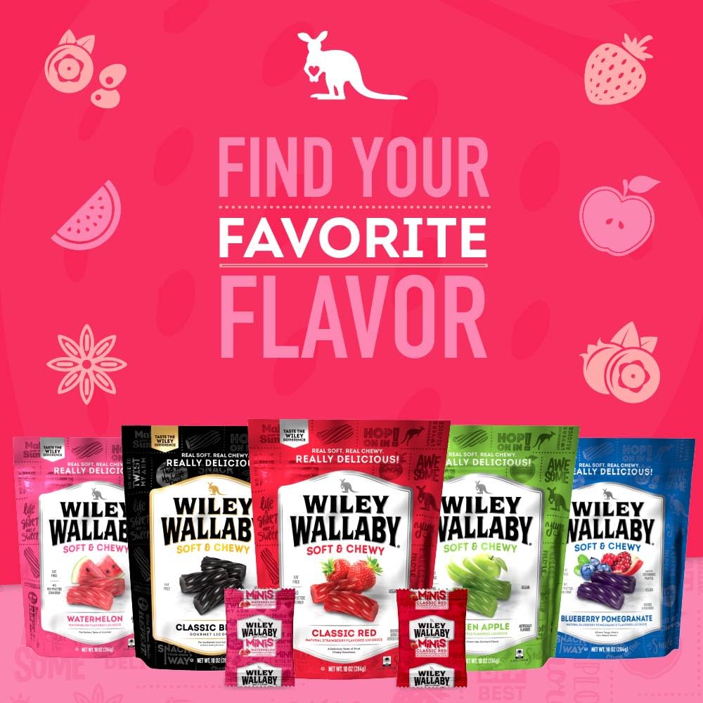 Wiley Wallaby mini licorice bites, party favors option with fruity flavors.