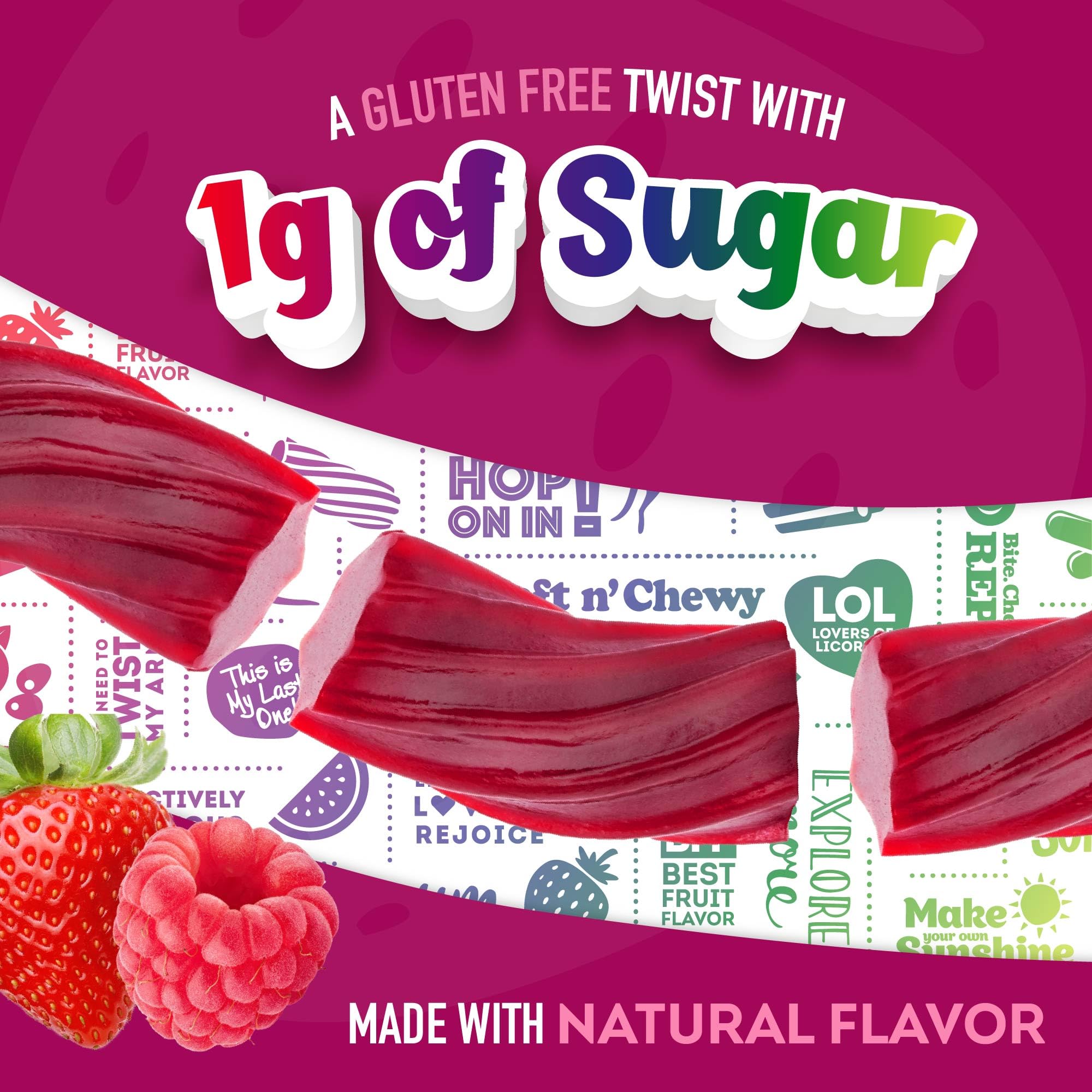 Soft, chewy texture of Wiley Wallaby Very Berry licorice.