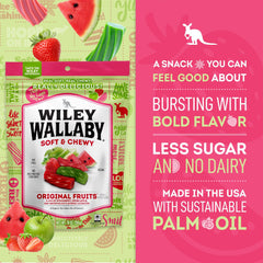 Strawberry, green apple, and watermelon flavors in a colorful mix.