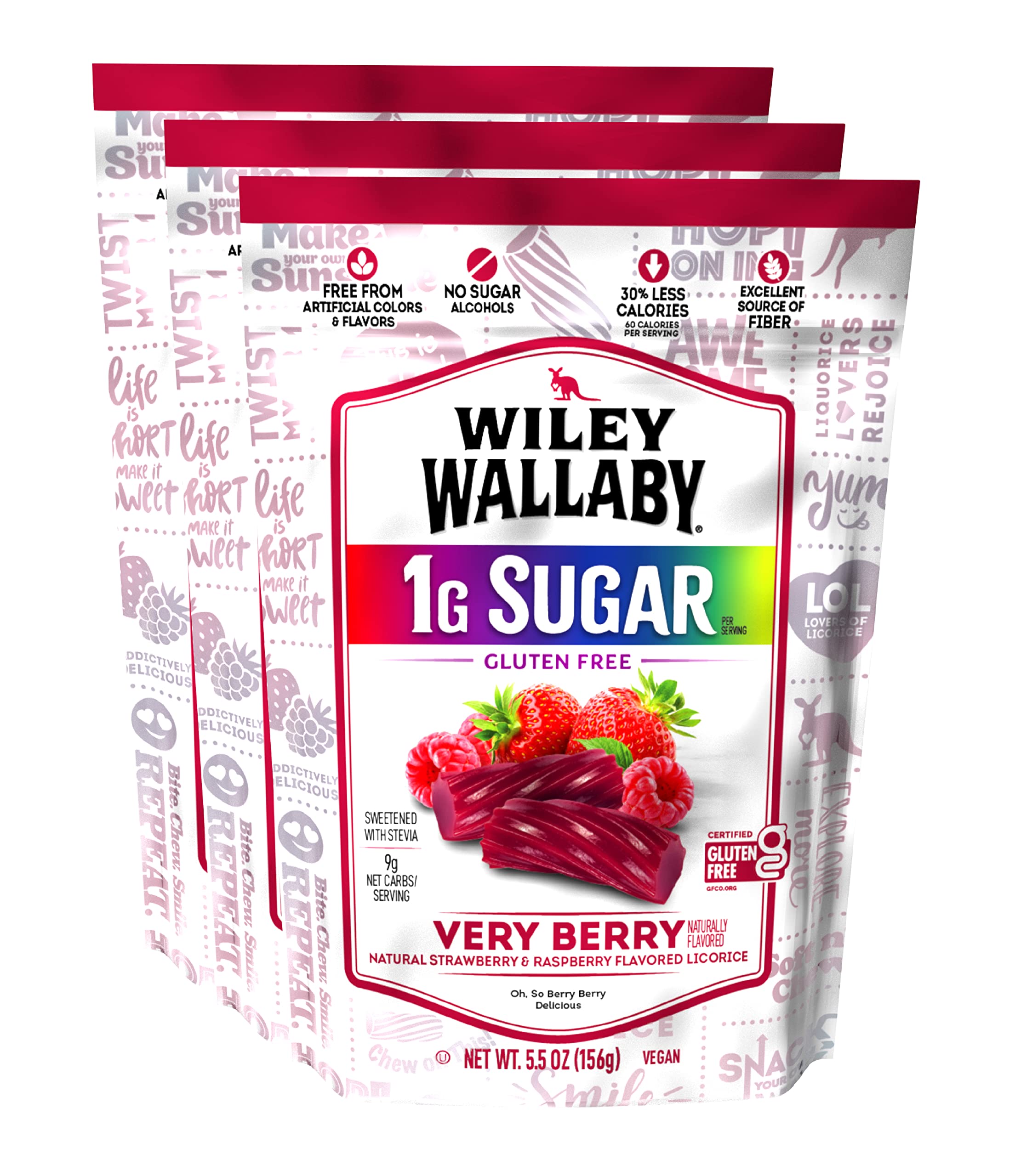 Wiley Wallaby Very Berry licorice twists in a resealable bag for on-the-go snacking.