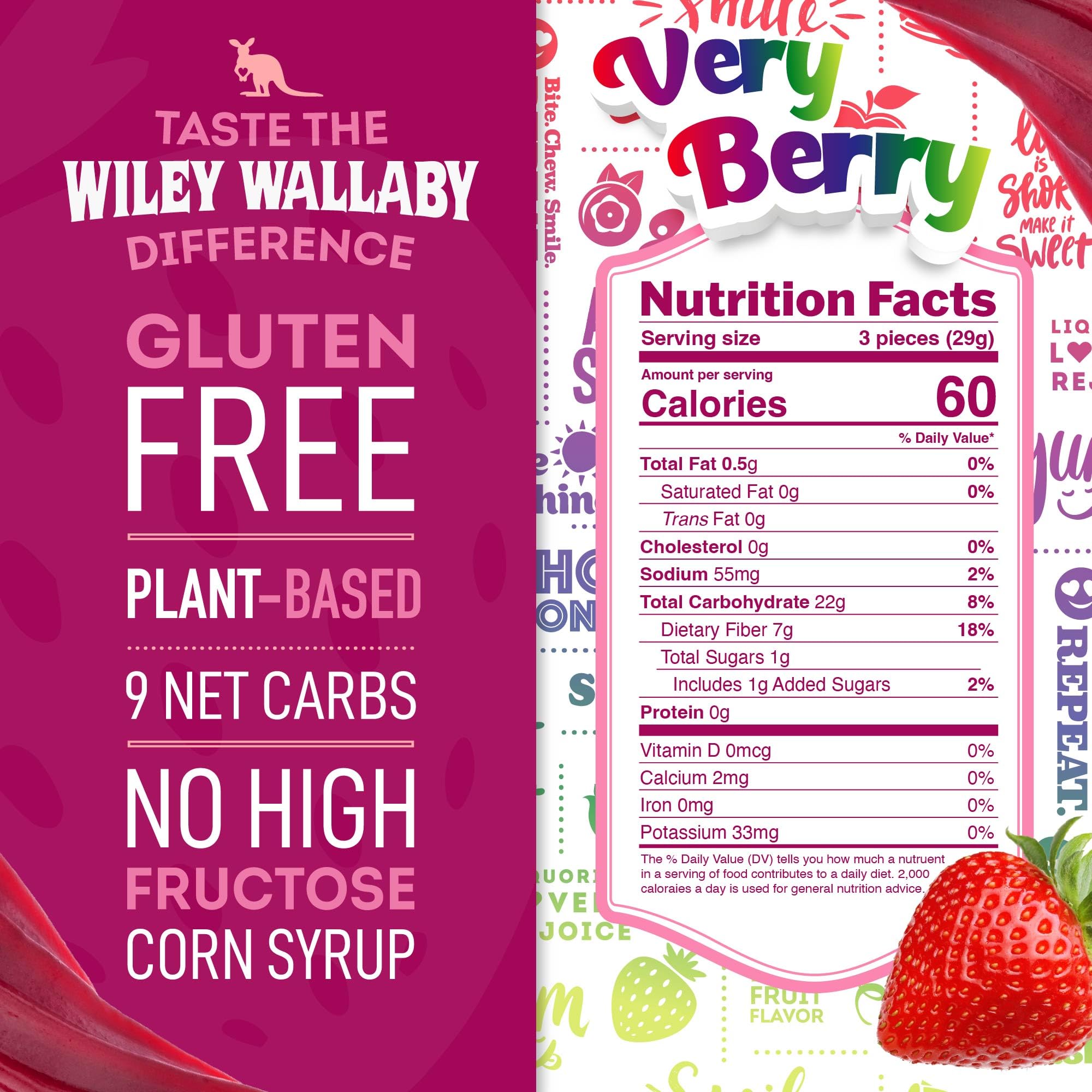 Wiley Wallaby Very Berry licorice close-up showing natural strawberry and raspberry flavors.