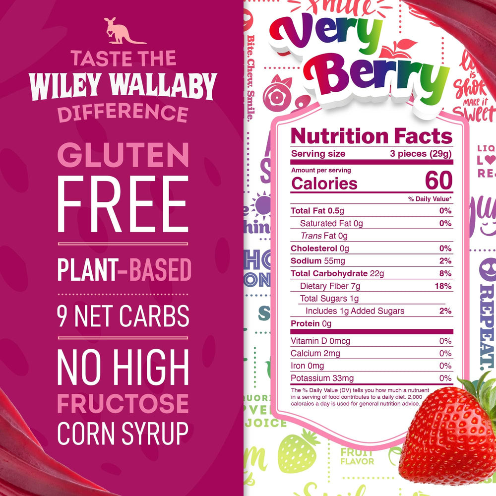 Wiley Wallaby Very Berry licorice close-up showing natural strawberry and raspberry flavors.