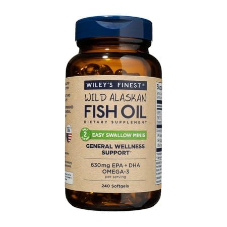 Wiley's Finest Wild Alaskan Fish Oil Easy Swallow Minis bottle for convenient daily omega-3 intake.